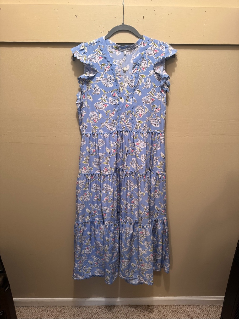 Blue Floral Tiered Maxi Dress with Ruffle Sleeves
